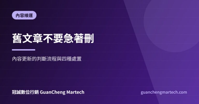內容更新判斷流程與四種處置方式示意圖，冠誠數位行銷製作