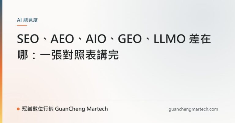 SEO、AEO、AIO、GEO、LLMO 差在哪：一張對照表講完
