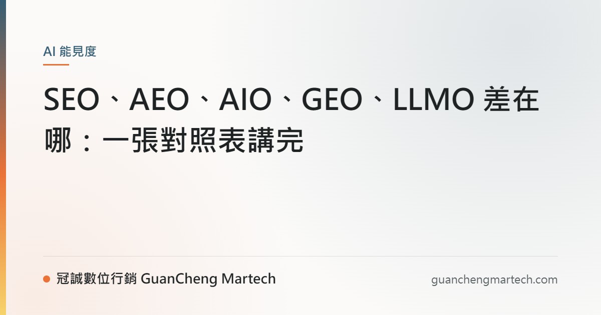 SEO、AEO、AIO、GEO、LLMO 差在哪：一張對照表講完