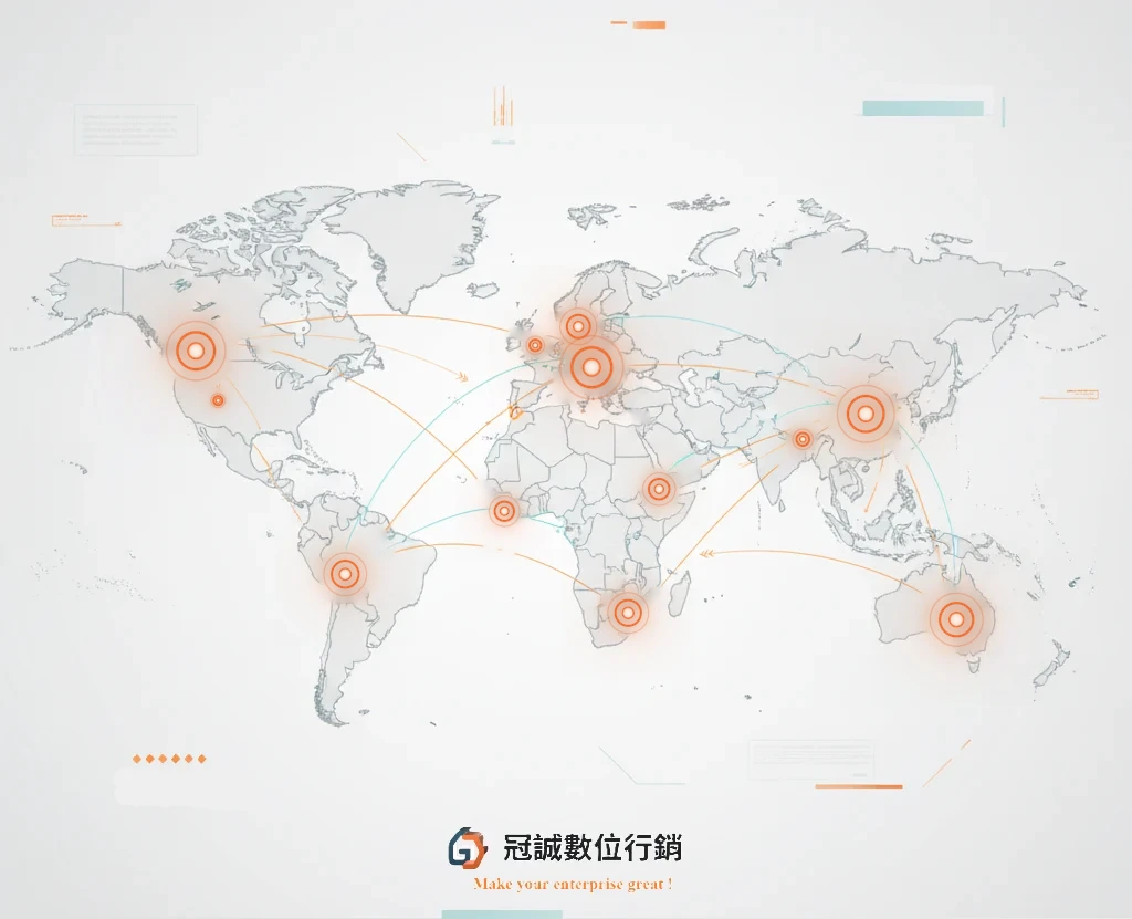 征服全球行銷主視覺|冠誠數位行銷跨國整合行銷與 GEO 佈局示意圖